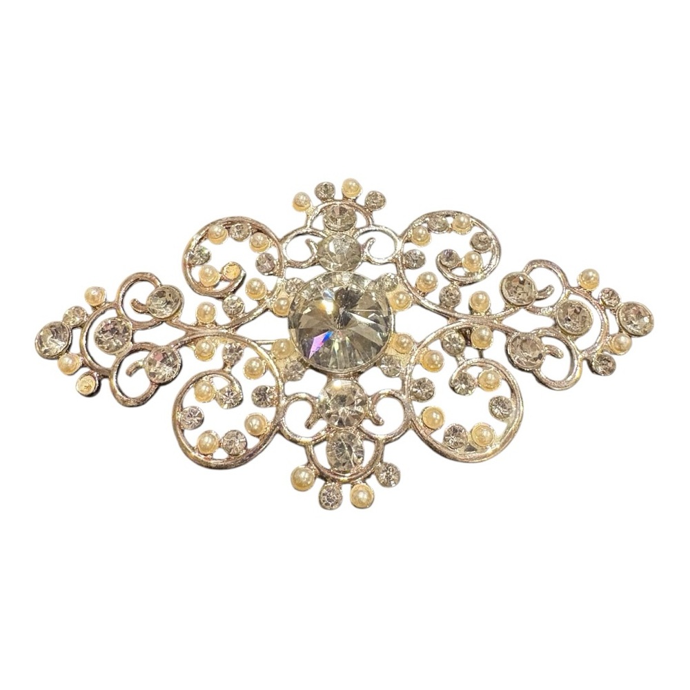 Vintage Filigree Brooch – Silver-Tone with Pearls & Clear Rhinestones JB7